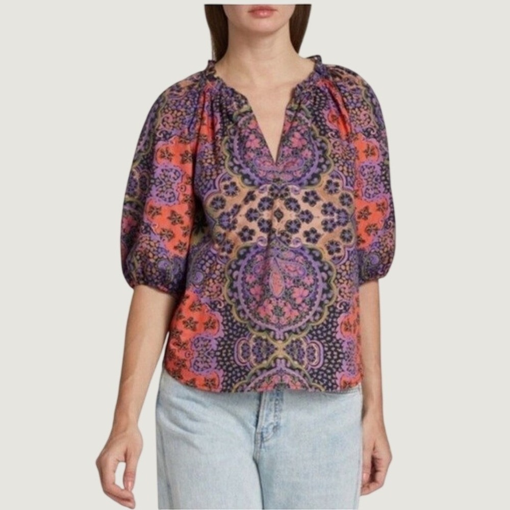 Xirena Jules Top Womens Medium Black Opal Paisley Puff Sleeve Boho Blouse NWT